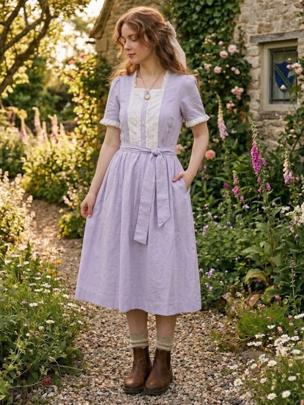 Vintage Lanz Originals Purple Stripe Cotton Ruffle Eyelet Prairie Dress Midi
